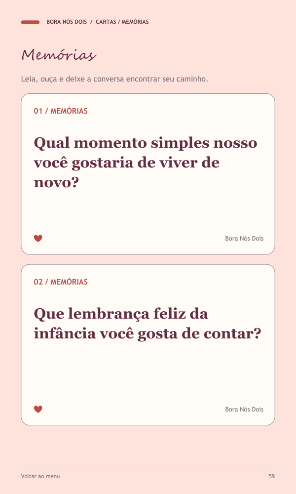 Duas das cartas de conversa do kit, sobre lembranças a dois.